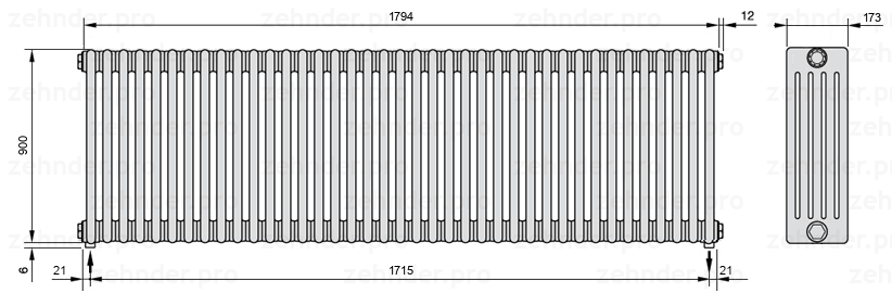 Схема (чертеж) Радиатор Zehnder Charleston 5090/39 №3570 Белый глянцевый RAL 9016